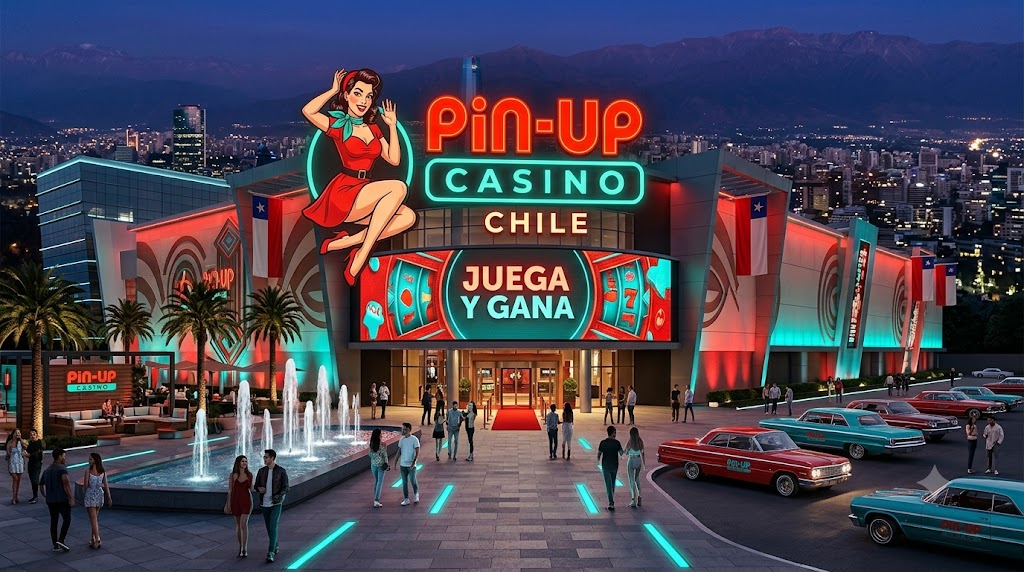 Fachada exterior premium de Pin Up Chile con diseño temático y montañas andinas